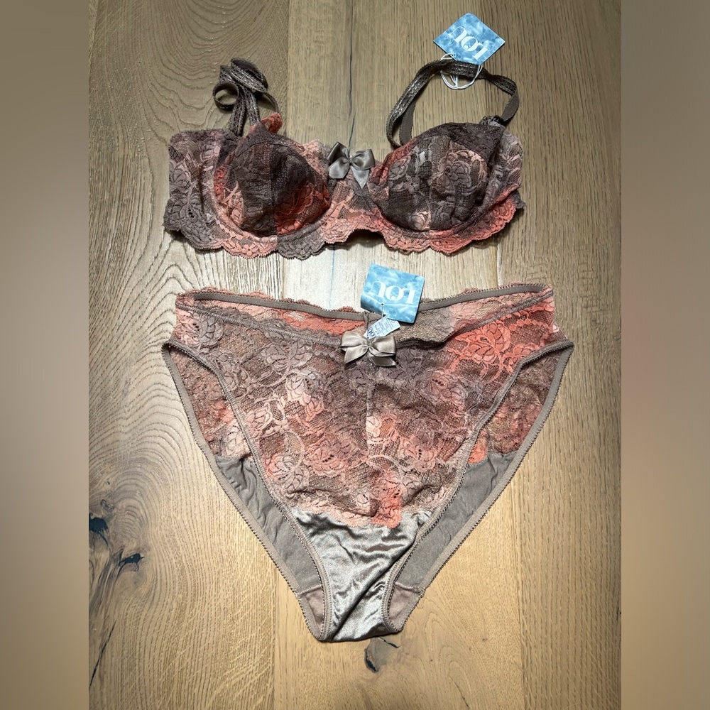 NWT LOU French vintage bra and panty in size 34C/M in a brown and rose color.